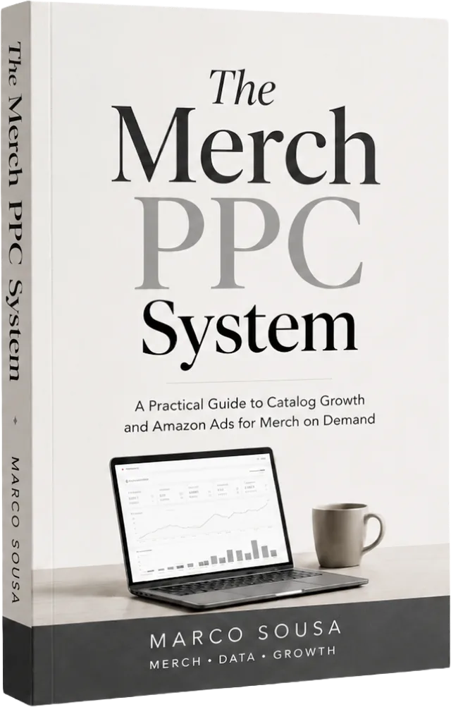 Book mockup of The Merch PPC System by Marco Sousa